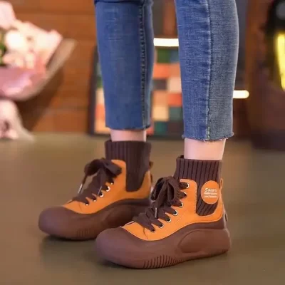 Imported women's two-tone brown and orange ankle boots