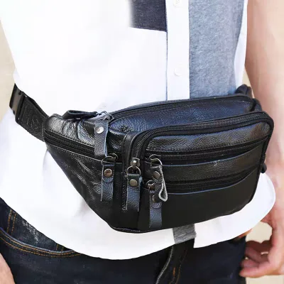 Men's black leather waist bag purchase
