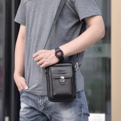 Black genuine leather men's shoulder bag, trendy and authentic.