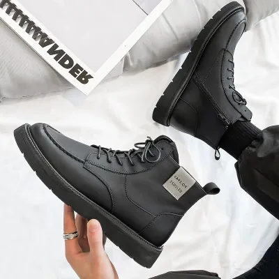 Men's black stylish slip-on ankle boots with side zipper, imported