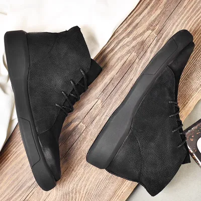 Men's black leather strap ankle boots, stylish and modern