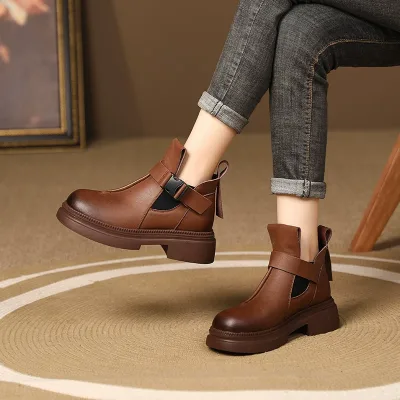 Elegant Genuine Brown Leather Women's Ankle Boots