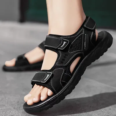 Photo of men's black summer sandal model with imported straps