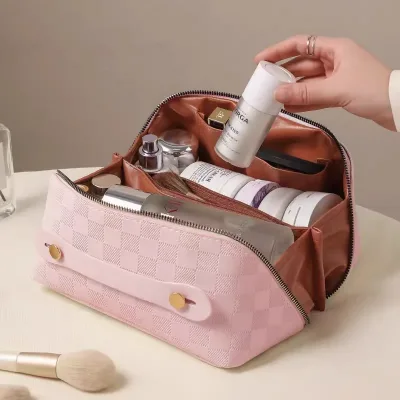 Large, spacious pink makeup bag for girls and women, genuine