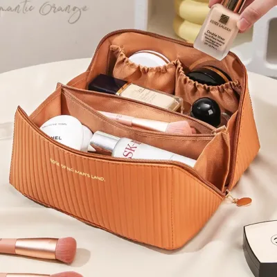 Orange zippered spacious makeup bag for girls and women, trendy, international