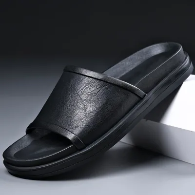 Men's and boys' black leather slippers for the latest fashion year