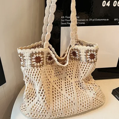 Photo of a knitted shoulder bag with a patchwork design, trendy for girls and women