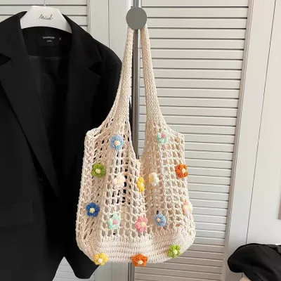 Price of the beige knitted shoulder bag with colorful knitted floral patterns, suitable for girls and women, original.