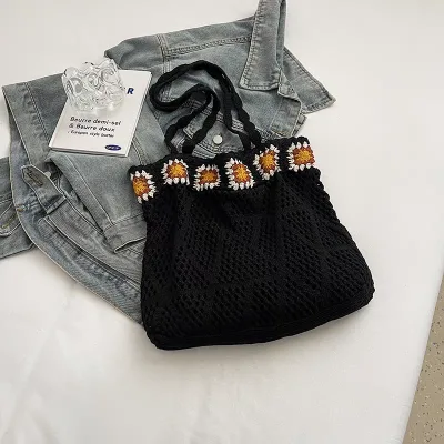 Black knitted handbag with lace pattern, spacious, for women and girls, imported