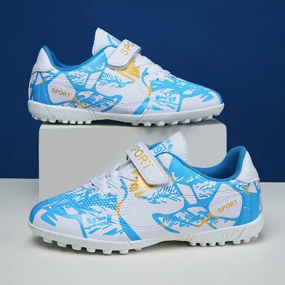 Original blue lace-up and velcro girls' and boys' football shoes photo