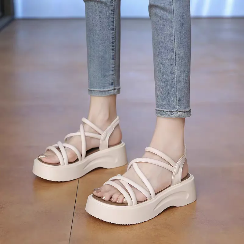 Imported women's and girls' wedge-heeled slip-on sandals Imported women's and girls' platform wedge sandal photo